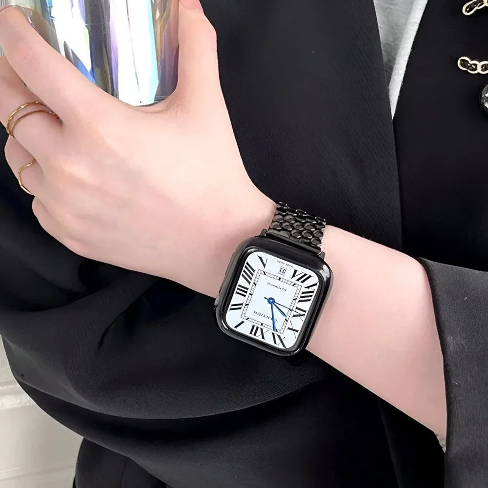Apple Watch Band Adjustable Stylish Strap Silver Stainless Watch Band - Black